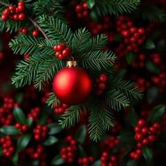A lush Christmas tree branch, adorned with a single red ornament, set against a dark red background of holly berries, winter, christmas element