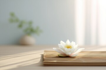 Fototapeta premium serene minimalist altar with single white lotus bloom on soft bamboo mat evoking peace and spirituality while symbolizing