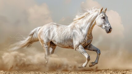 Obraz premium Majestic White Horse Galloping Through Dusty Plains