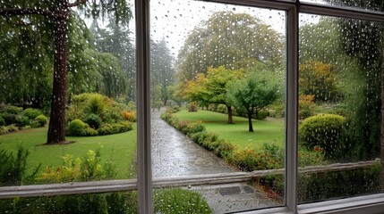 Rainy Day Garden View Through Rain Streaked Window