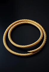 Gleaming gold rope, tightly coiled into a perfect circle on a dark surface, glitter, still life