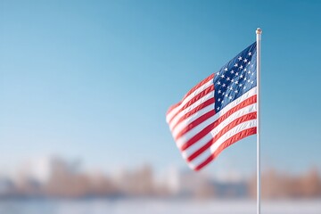 Fototapeta premium single american flag gently flutters against clear blue sky with copy space on right side of frame