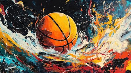 Hyper-realistic palette knife painting of a basketball with colorful explosion on black background