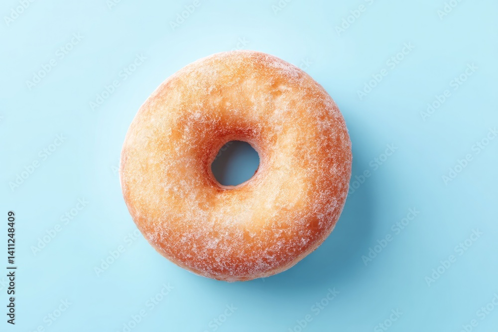 Poster single donut is centered on smooth solid color background embodying minimalistic composition with cl