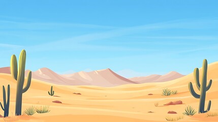 Sunny desert landscape with cacti and mountains.
