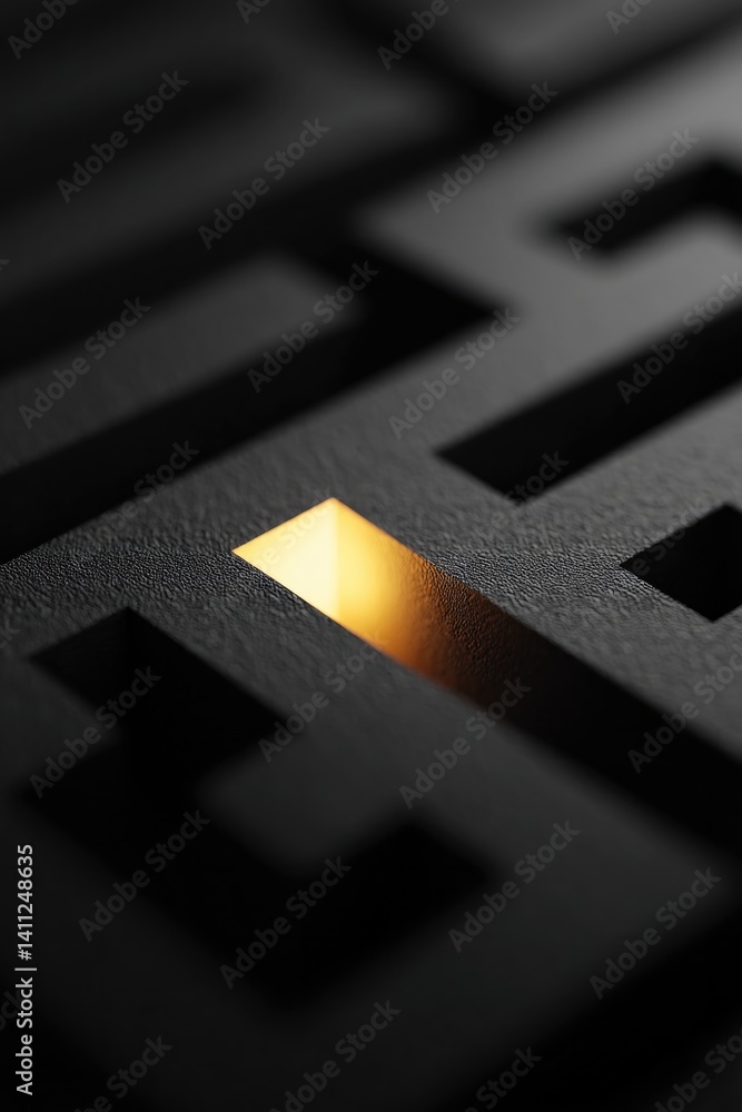 Poster single glowing thread navigates through matte black maze on flat minimalistic backdrop with ample co