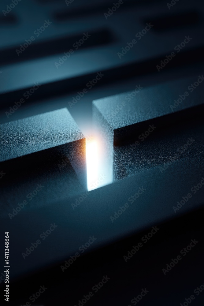 Poster single glowing thread navigates through matte black maze on flat minimalistic backdrop with ample co