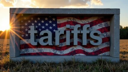 Close-up of a wooden sign displaying the word tariffs with an American flag background at sunset.