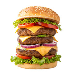 Juicy tall hamburger isolated on white background