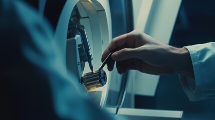 Factory worker adjusting settings on a precision CNC machine. Featuring precision and technical expertise