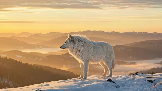 White wolf standing at sunrise on mountain cliff