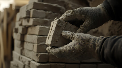 A bricklayer applying mortar to bricks at a building site. Featuring craftsmanship and dedication