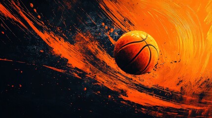 Abstract basketball in motion with swirling orange and black paint strokes