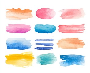 Watercolor brush strokes art studio graphic design creative space close-up colorful expression isolate on white background 