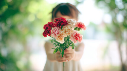 母の日にカーネーションの花束を持つ女の子