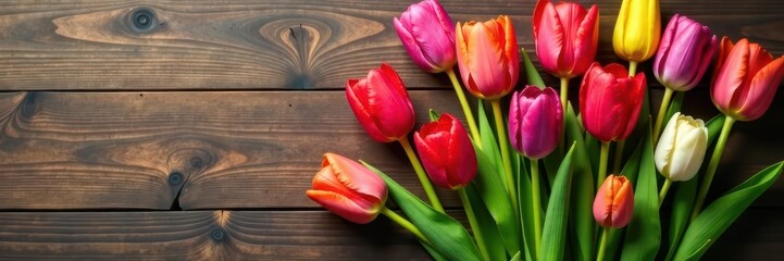 Fototapeta premium Colorful tulip arrangement, wooden surface centerpiece , wooden, red