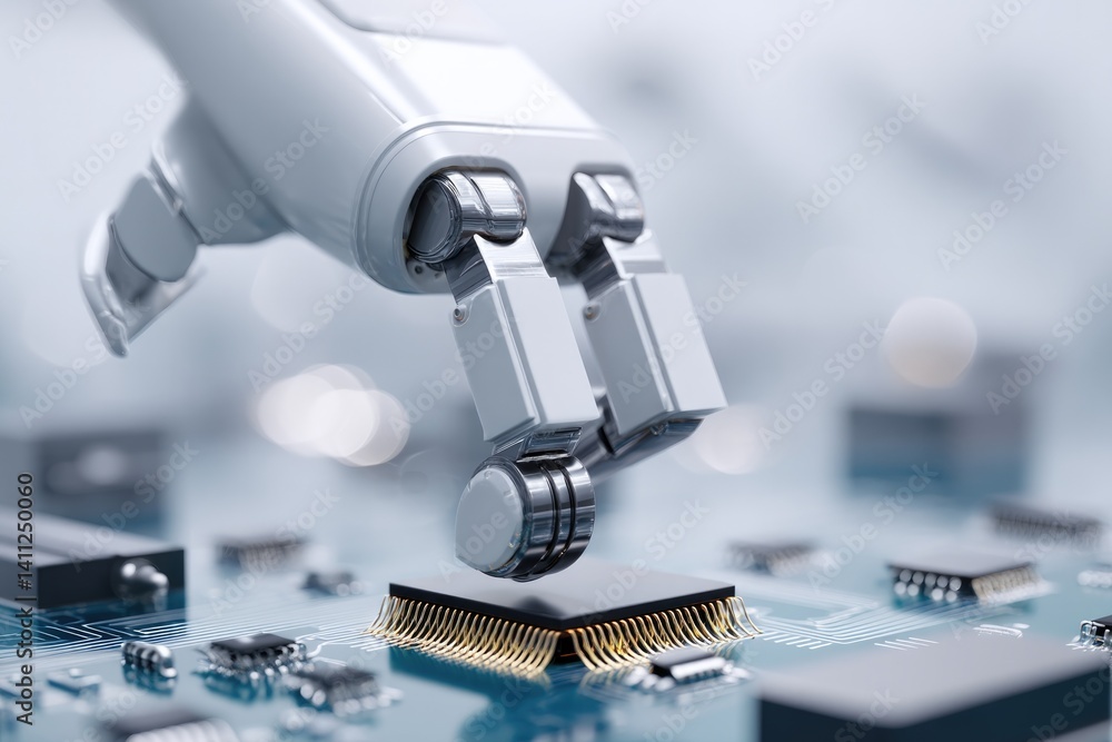 Aufkleber sleek robotic arm delicately assembling microchips on circuit board with ample copy space