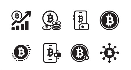 Set of cryptocurrency bitcoin related black icons, vector illustration
