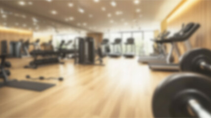 Obraz premium Bokeh background. Abstract blur and defocused fitness sport equipment in gym room interior for background. Ai Generated Images