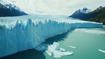 Aerial View of Glacier Melting into the Ocean. Large Icebergs Floating in Turquoise Water. Melting Ice Shows Climate Change Impact in the Cold Arctic Landscape.