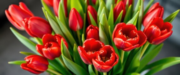 Naklejka premium A vibrant bouquet of classic red tulips, stems and leaves included, dutch, bright, gift