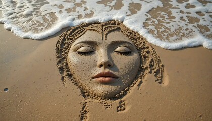 Serene Sand Sculpture: A Woman's Face Emerges from Ocean Waves