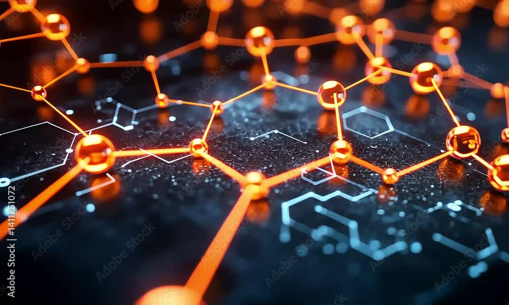 Poster abstract digital technology design with glowing blue molecule network lines in space