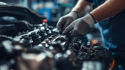 Factory worker assembling automotive parts on a production line. Featuring skill and attention to detail