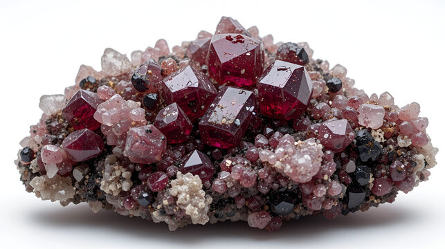 spessartine garnet with quartz, schorl and albite from Skardu, Pakistan isolated on white background