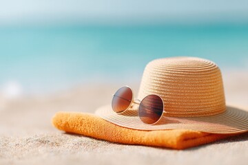 sunlit beach scene with stylish hat sunglasses and flip-flops set on warm golden sand