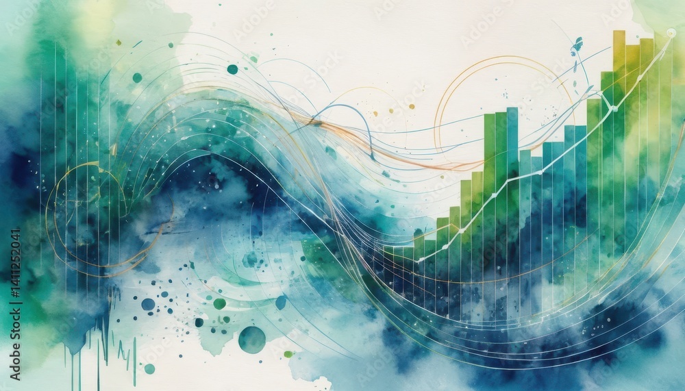 Poster abstract watercolor painting representing a rising bar graph surrounded by flowing waves and splashe