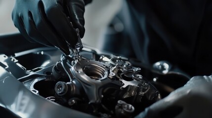 Factory worker assembling car parts on an automated assembly line. Featuring precision and efficiency