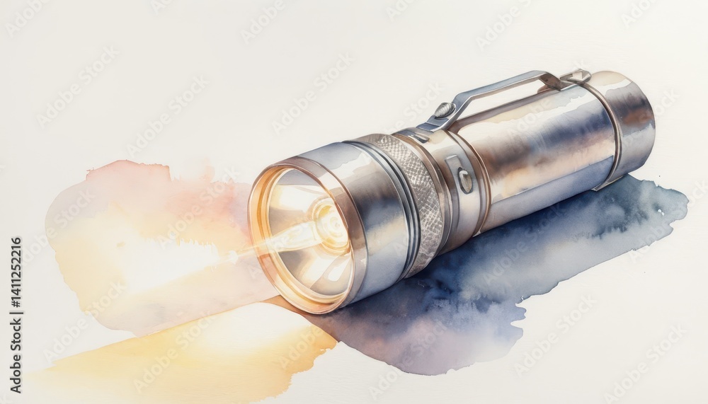 Aufkleber beautiful watercolor painting of a metallic flashlight lying on its side with a bright beam of light