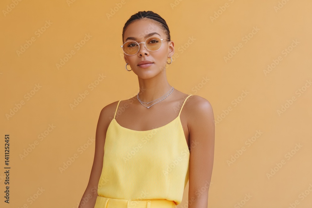 Poster vibrant and minimalistic portrait of person embodying barbiecore style set against smooth solid back