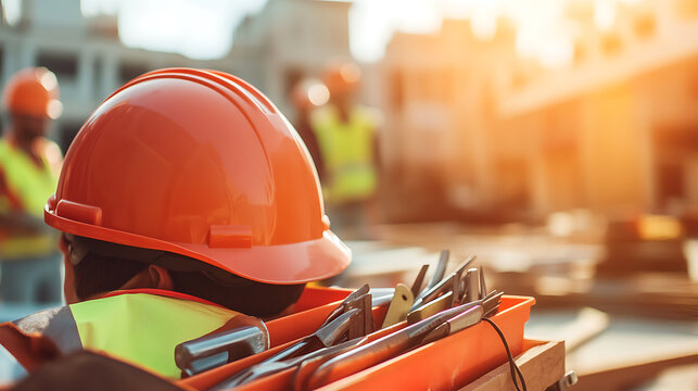 A construction laborer sorting through tools at a construction site. Featuring organization and efficiency