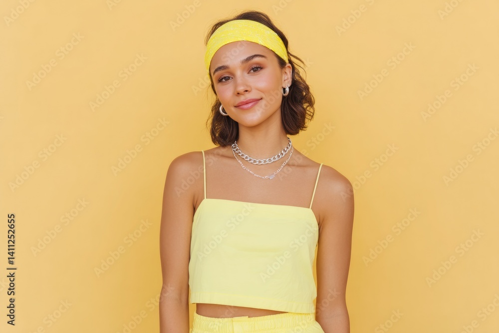 Poster vibrant and minimalistic portrait of person embodying barbiecore style set against smooth solid back