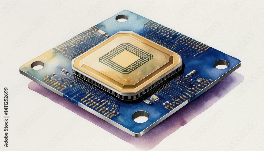 Poster close-up watercolor artwork of a gold microprocessor chip on blue circuit board with detailed circui