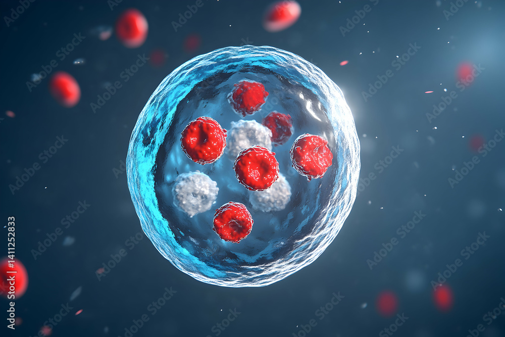 Poster microscopic view of a cell with red and white particles inside, a detailed 3d rendering of cellular 