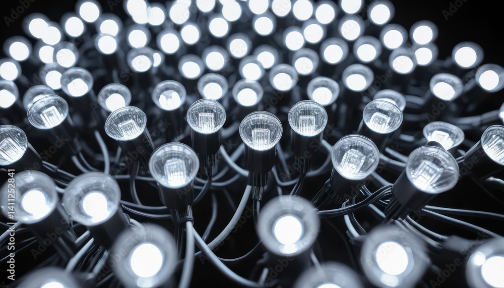 Leinwandbilder a beautiful array of illuminated led light bulbs interconnected by black wires against a dark backgr