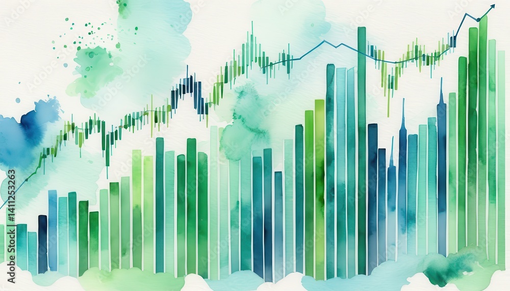 Poster abstract watercolor painting of financial chart with upward trending candlestick and bar graphs in s
