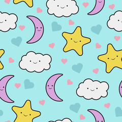 Kawaii Celestial Sky Pattern – Stars, Clouds & Moons