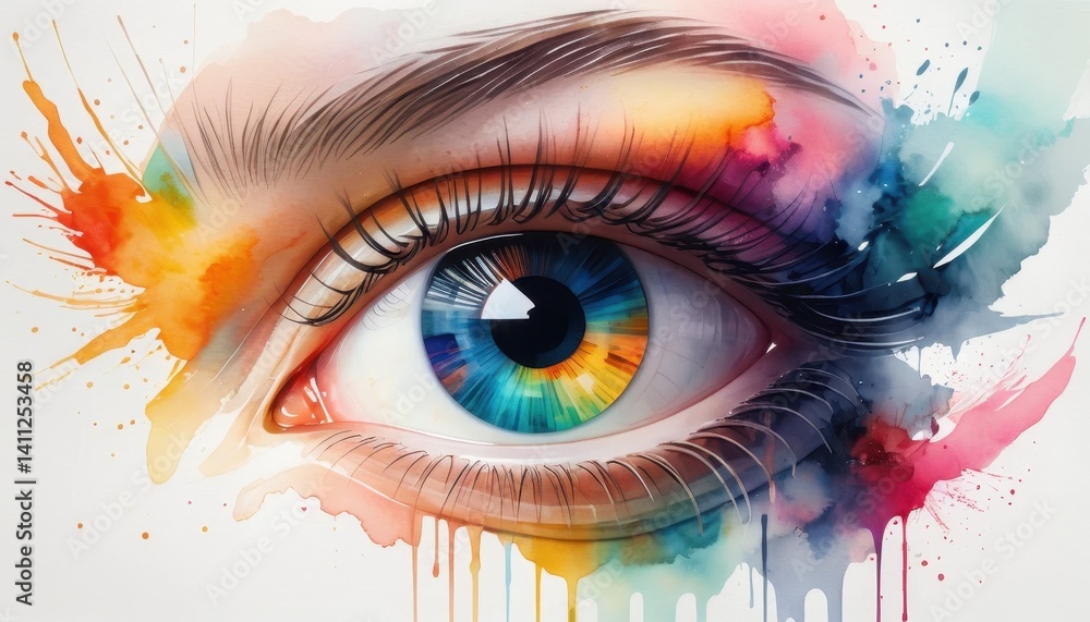 Poster a close-up digital painting of a human eye with a vibrant multicolored iris resembling a color wheel