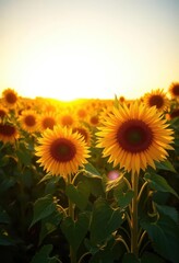 Fototapeta premium Golden hour sun illuminates vibrant sunflowers in a lush field, summer, plant, beautiful