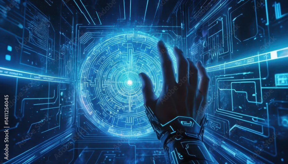 Poster A cybernetic hand reaches towards a glowing circular technological interface set within a vibrant futuristic digital environment of innovation and technology
