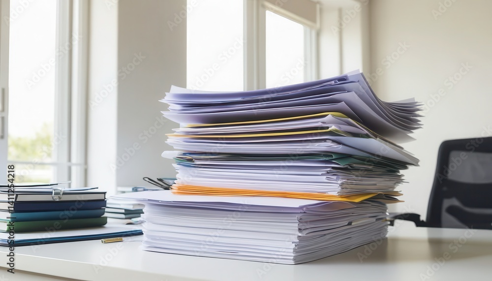 Aufkleber a large stack of papers and files on a white desk near a window with a smaller stack of books and a 