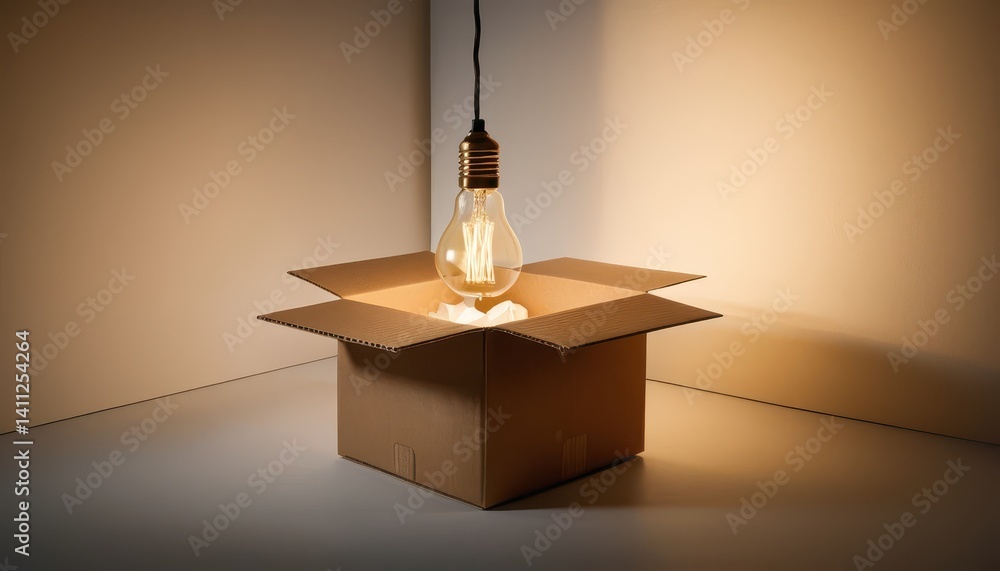 Fototapete glowing edison-style light bulb illuminating interior of cardboard box in dimly lit corner creating 