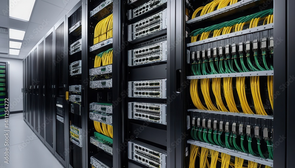 Poster A densely packed server room featu black server racks filled with advanced networking equipment and a multitude of organized green yellow cables
