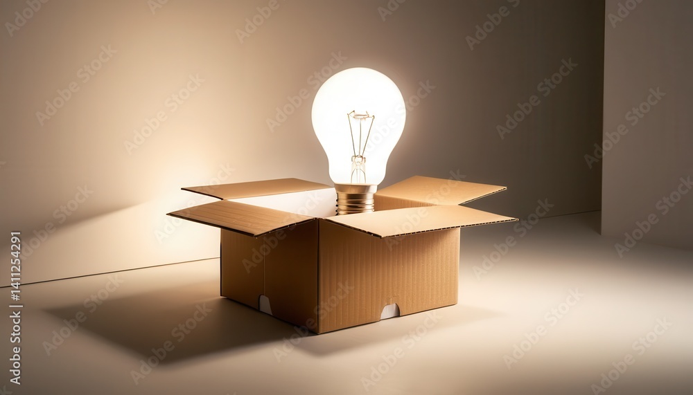 Poster Bright illuminated lightbulb inside open cardboard box resting on light-colored surface against soft neutral background showcasing creative ideas concept