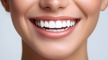 Obraz premium Close-up of a smiling mouth with healthy white teeth against a light background.