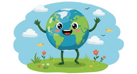 Happy Earth Cartoon: Globe Character on Green Grass with Flowers and Birds.